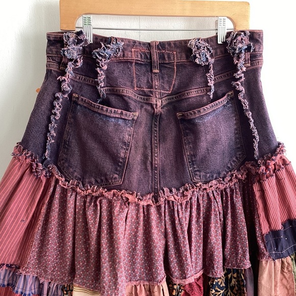 Upcycled Boho Tiered Jean Top Ruffled Hem Raw Edge Patchwork Midi Skirt Med to L - Picture 7 of 15